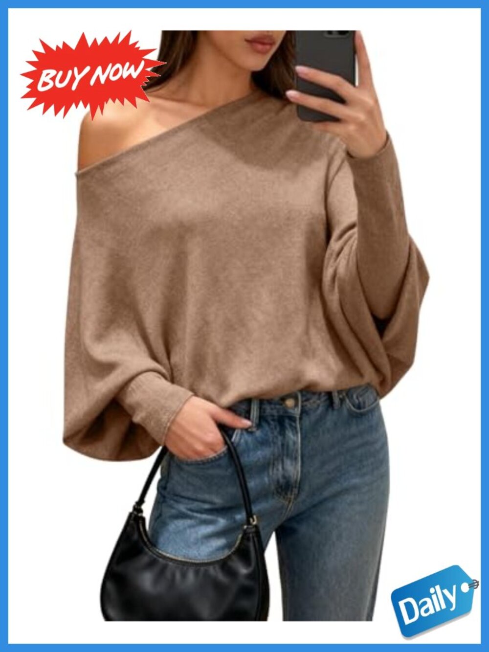 Off The Shoulder Batwing Knit Sweater Loose Fit Long Sleeve Pullover